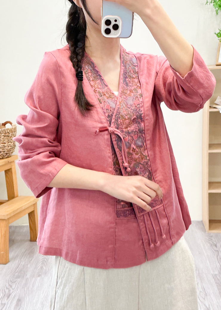 Women Pink V Neck Embroidered Floral Patchwork Linen Shirts Fall