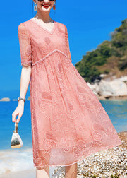 Women Pink V Neck Embroidered Wrinkled Silk Mid Dress Short Sleeve