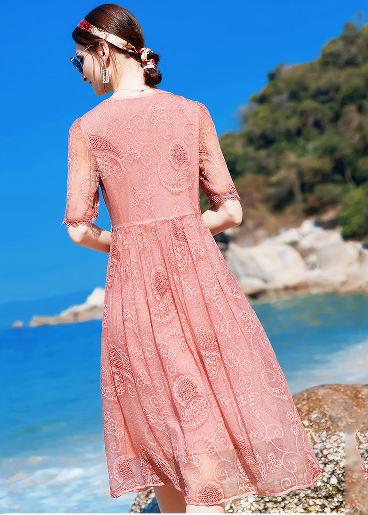 Frauen rosa V-Ausschnitt bestickt zerknittertes Seidenkleid mit kurzen Ärmeln