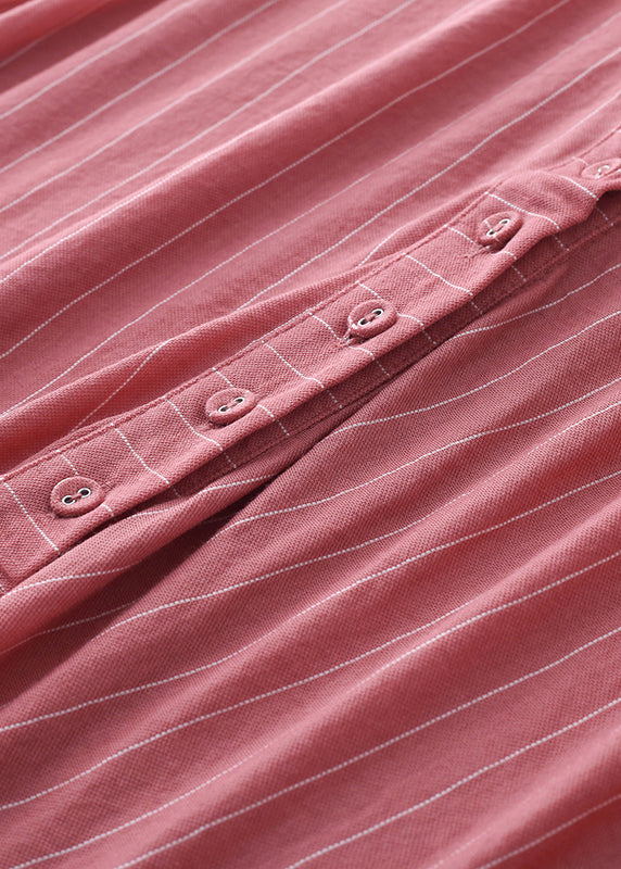 Women Pink V Neck Striped Pockets Linen Vacation Dresses Sleeveless