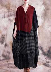 Women Plaid Stripe Patchwork V-Neck Half Button Front Vintage Maxi Dresses