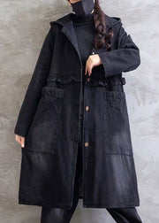 Women Plus Size Overcoat Denim Black Hooded Ruffles Outwear - SooLinen