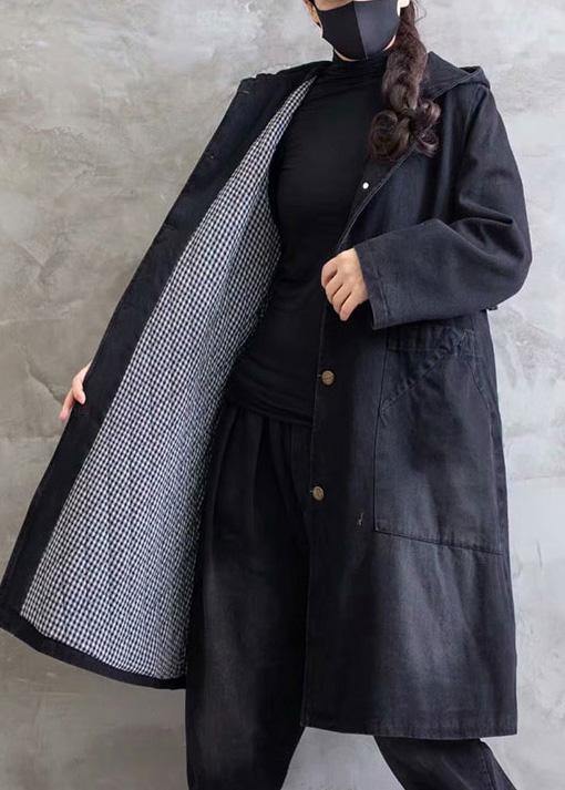 Women Plus Size Overcoat Denim Black Hooded Ruffles Outwear - SooLinen