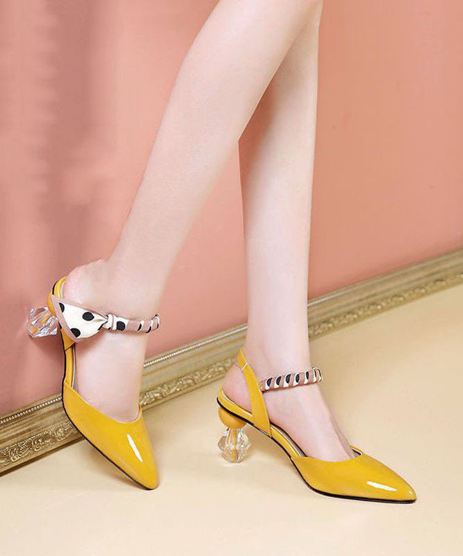 Women Pointed Toe Chunky Yellow Cowhide Leather High Heel Slippers