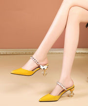 Women Pointed Toe Chunky Yellow Cowhide Leather High Heel Slippers
