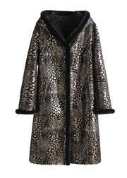 Women Print Button Mink Velvet Leather And Fur Hooded Coats Winter