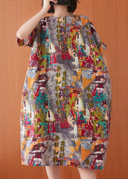 Women Print O-Neck Cotton Linen Party Dress Summer - SooLinen