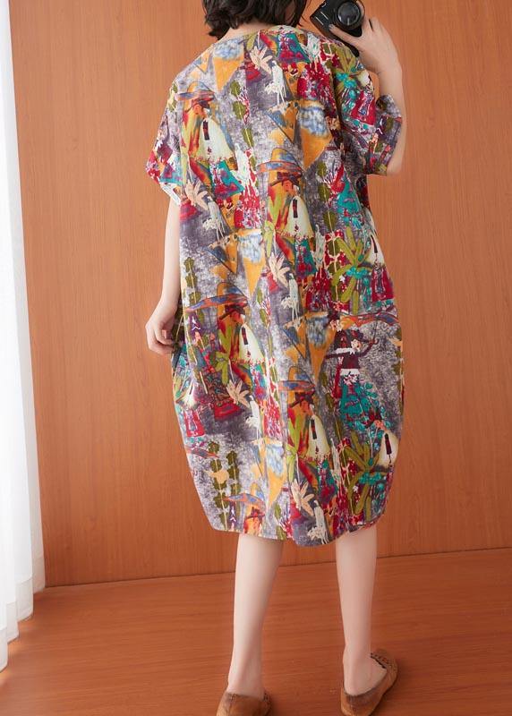 Women Print O-Neck Cotton Linen Party Dress Summer - SooLinen