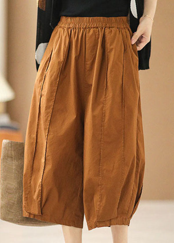 Women Pumpkin Color Elastic Waist Pockets Patchwork Cotton Crop Pants Summer