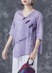 Women Purple Asymmetrical Chinese Button Linen Blouse Tops Summer
