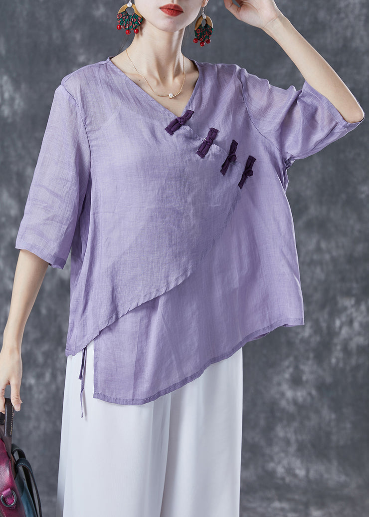 Women Purple Asymmetrical Chinese Button Linen Blouse Tops Summer
