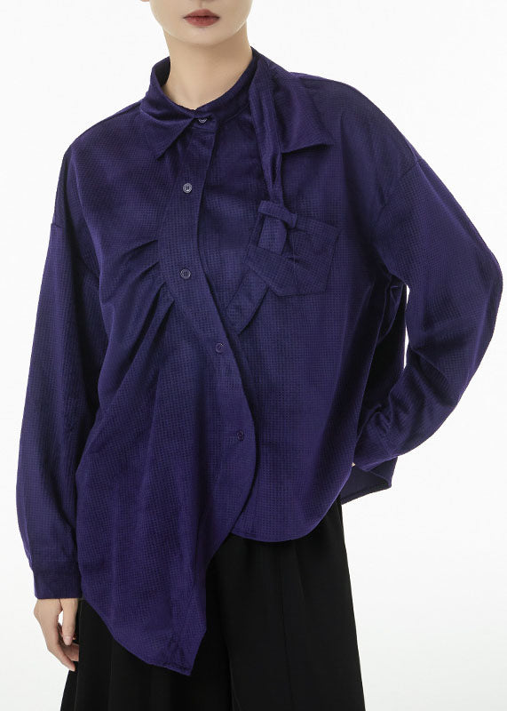 Women Purple Asymmetrical Design Silk Velour Shirt Top Spring
