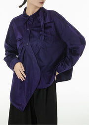 Women Purple Asymmetrical Design Silk Velour Shirt Top Spring