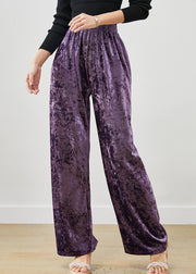 Women Purple Elastic Waist Silk Velvet Straight Pants Spring