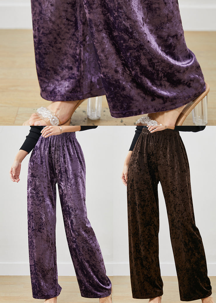 Women Purple Elastic Waist Silk Velvet Straight Pants Spring