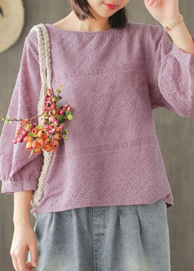 Women Purple Embroideried Lantern sleeve Asymmetrical design Cotton Blouse Top Summer - SooLinen