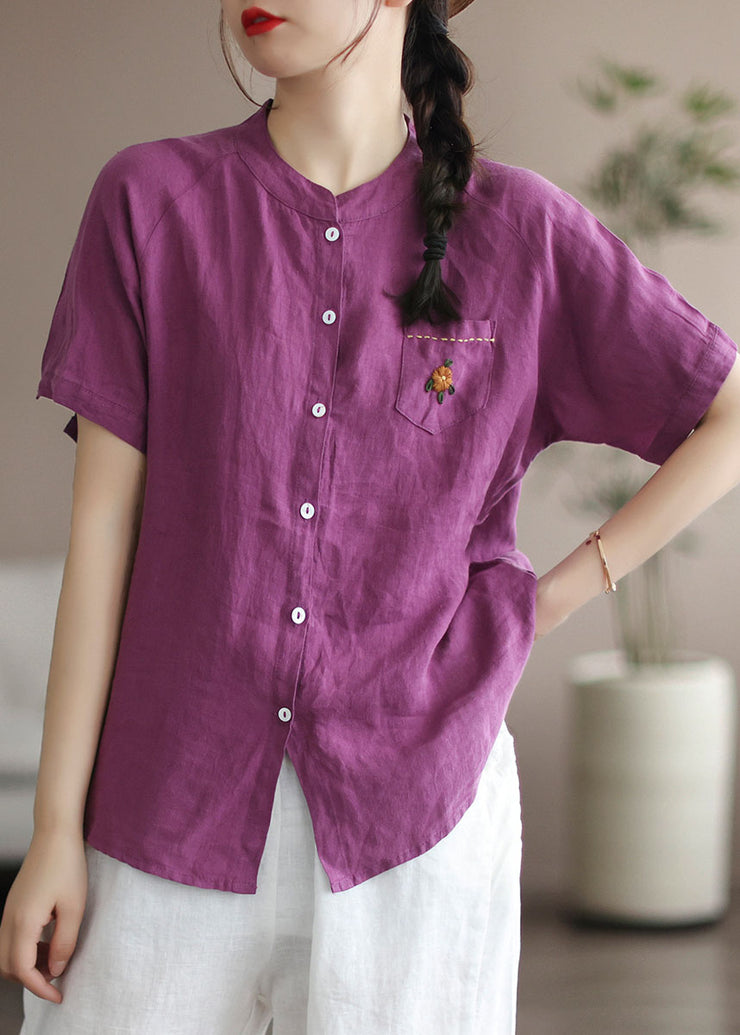 Women Purple Embroidered Pocket Linen Shirt Top Short Sleeve
