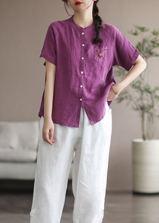 Women Purple Embroidered Pocket Linen Shirt Top Short Sleeve