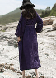 Women Purple Embroidered Pockets Corduroy Dress Spring