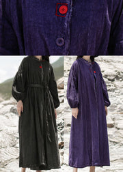 Women Purple Embroidered Pockets Corduroy Dress Spring