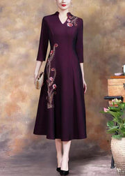 Women Purple Embroidered Sequins Cotton Long Dress Fall
