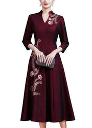 Women Purple Embroidered Sequins Cotton Long Dress Fall