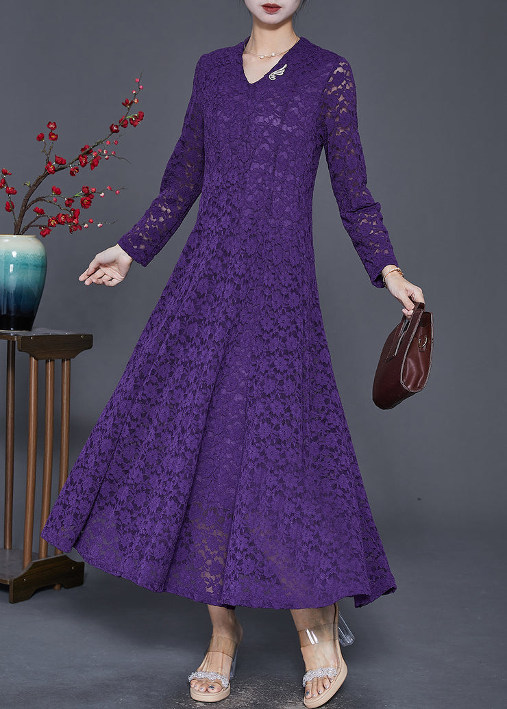 Women Purple Exra Large Hem Lace Robe Dresses Spring