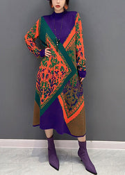 Women Purple Hign Neck Oversized Print Knit Sweater Dress Winter