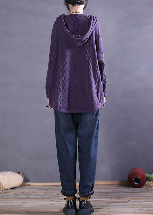 Women Purple Hooded drawstring Knit Sweater Tops Spring
