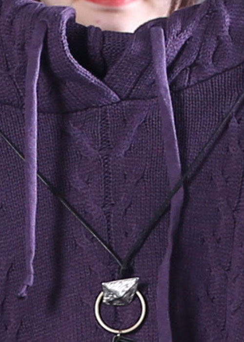 Women Purple Hooded drawstring Knit Sweater Tops Spring