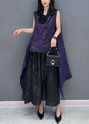 Women Purple Jacquard Asymmetrical Patchwork Cotton Tops Sleeveless