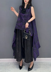 Women Purple Jacquard Asymmetrical Patchwork Cotton Tops Sleeveless