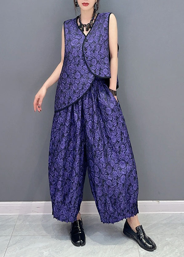 Women Purple Jacquard Vest And Pants Cotton Two Piece Set Summer