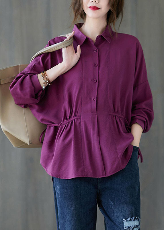 Women Purple Loose Button tie waist Fall Shirt Long sleeve
