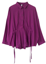 Women Purple Loose Button tie waist Fall Shirt Long sleeve