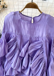 Women Purple O-Neck Asymmetrical Button Silk Top Long Sleeve