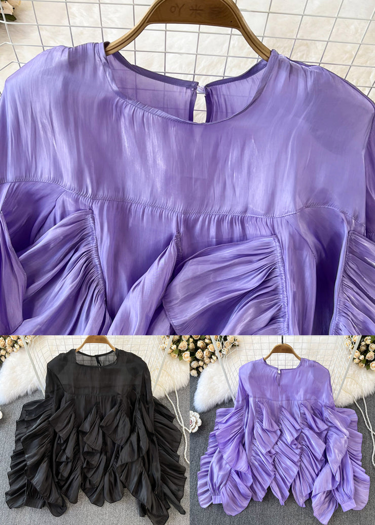 Women Purple O-Neck Asymmetrical Button Silk Top Long Sleeve