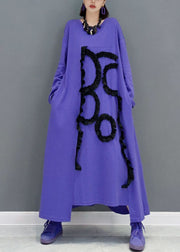 Women Purple O-Neck Asymmetrical Ruffled Cotton A Line Dress Spring