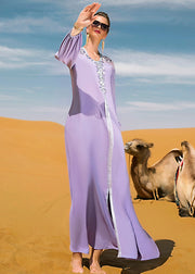 Women Purple O-Neck Lace Patchwork Tie Waist Chiffon Long Dress Fall