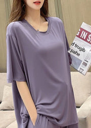 Women Purple O-Neck Patchwork Thin Cotton Two Piece Set Pajamas Short Sleeve