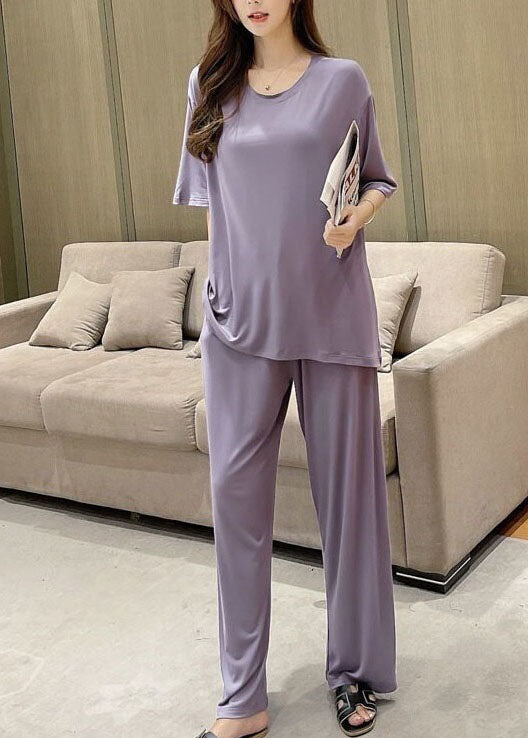 Women Purple O-Neck Patchwork Thin Cotton Two Piece Set Pajamas Short Sleeve