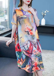 Women Purple O Neck Print Patchwork Chiffon Dress Summer