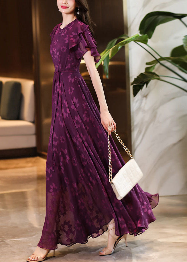 Women Purple O-Neck Print Ruffled Wrinkled Chiffon Maxi Dress Short Sleeve