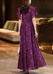 Women Purple O-Neck Print Ruffled Wrinkled Chiffon Maxi Dress Short Sleeve