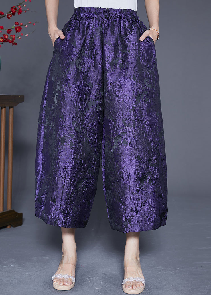 Women Purple Oversized Jacquard Silk Wide Leg Pants Summer