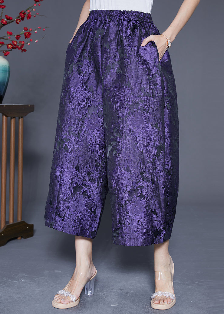 Women Purple Oversized Jacquard Silk Wide Leg Pants Summer