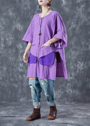 Women Purple Oversized Patchwork Cotton Shirt Summer