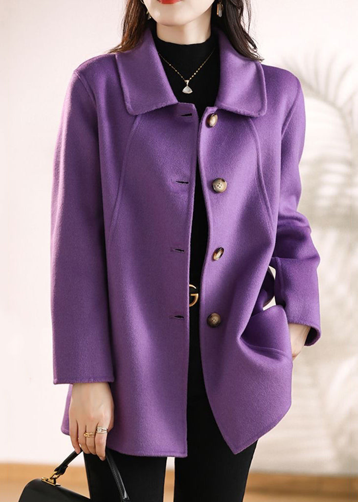Women Purple Peter Pan Collar Button Woolen Coats Fall