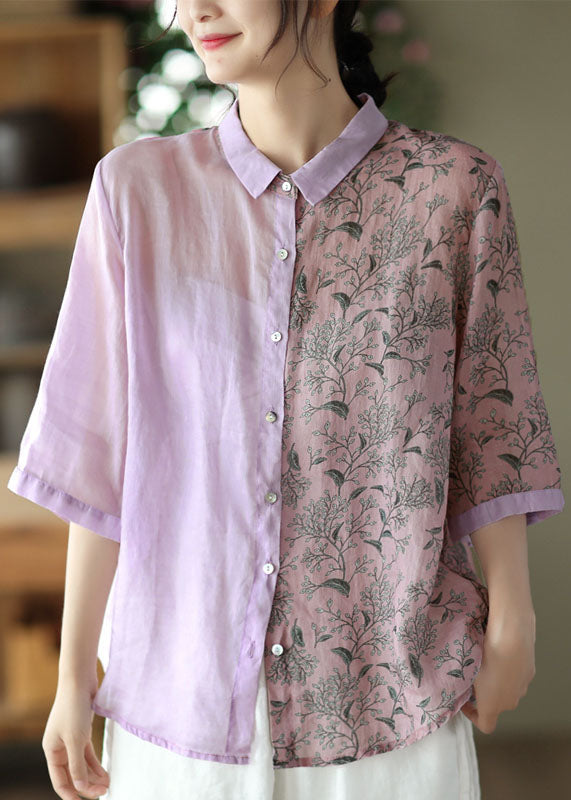 Women Purple Peter Pan Collar Print Button Patchwork Linen Tops Summer
