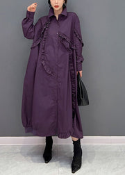 Women Purple Peter Pan Collar Ruffled Cotton Long Dress Spring